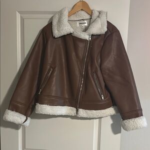 Vigoss Women's Brown Faux Leather Jacket with White Sherpa Lining